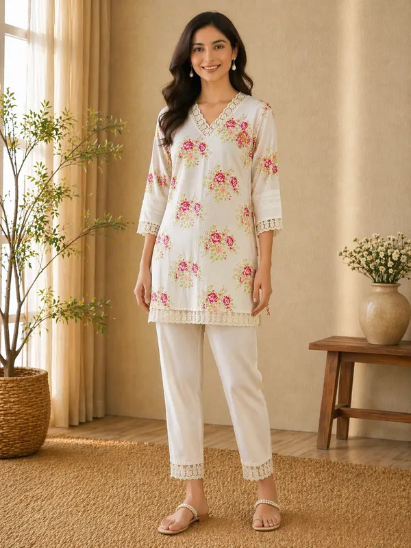 Cream_White_pure_Cotton_flower_print_with_pleating_and_lace_work_Kurta_Set_co_ord_set_For_Women