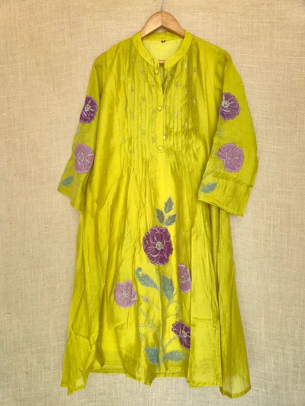 Olive_Yellow_Mul_Chanderi_Anarkali_Kurta_Set_With_Dupatta_For_Women