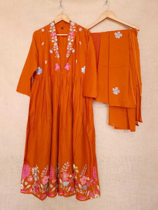 Rust_Orange_pure_Cotton_Anarkali_Kurta_Set_With_Dupatta_For_Women