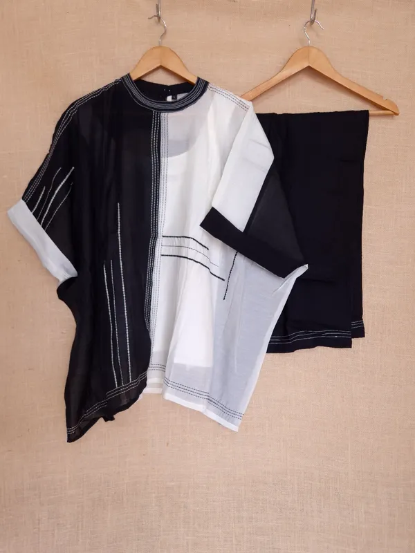Black_And_White_Mul_Chanderi_Co-Ord_Set_(3_Piece)_For_Women