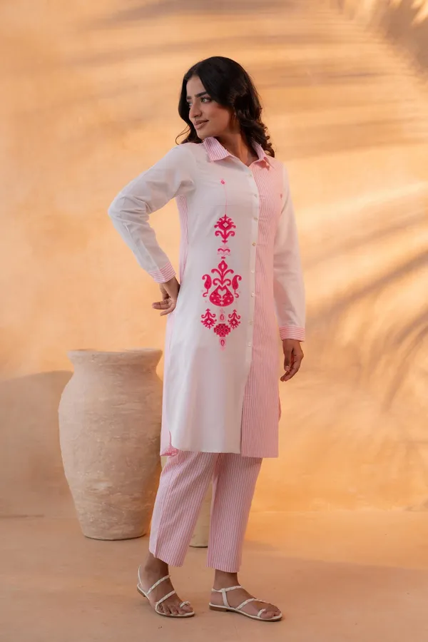 Pink_stripes_And_White_pure_Cotton_Kurta_knee_length_Set_with_embroidery_For_Women