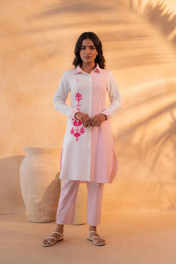 Pink_stripes_And_White_pure_Cotton_Kurta_knee_length_Set_with_embroidery_For_Women