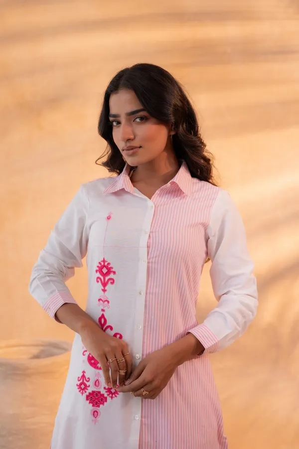 Pink_stripes_And_White_pure_Cotton_Kurta_knee_length_Set_with_embroidery_For_Women