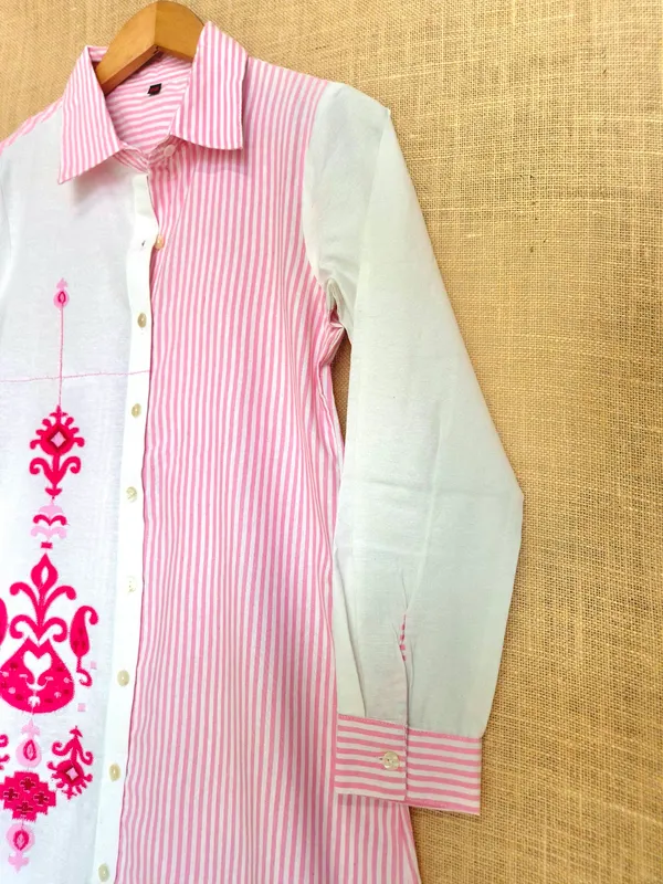 Pink_stripes_And_White_pure_Cotton_Kurta_knee_length_Set_with_embroidery_For_Women