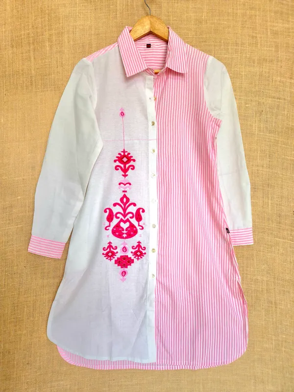 Pink_stripes_And_White_pure_Cotton_Kurta_knee_length_Set_with_embroidery_For_Women