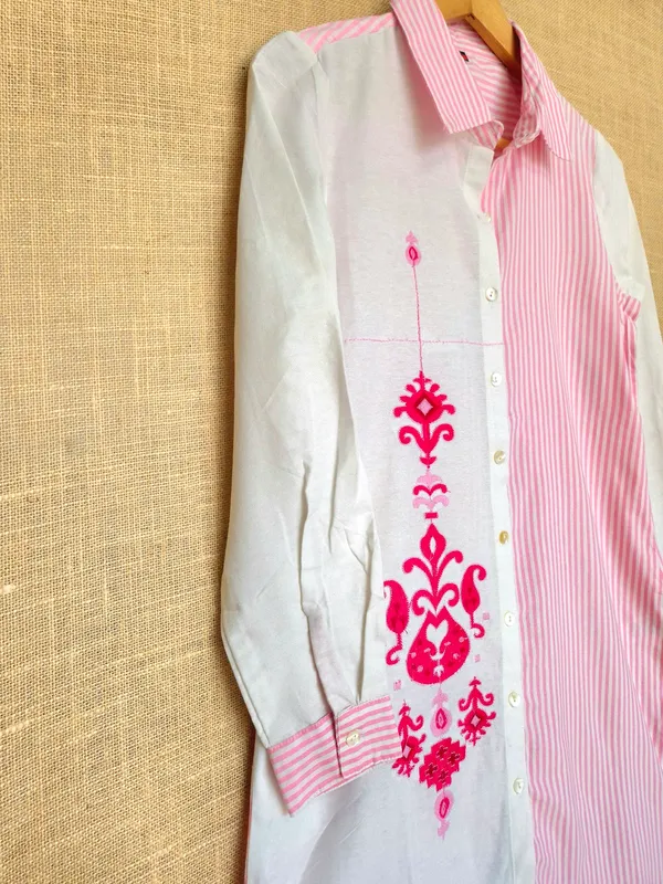 Pink_stripes_And_White_pure_Cotton_Kurta_knee_length_Set_with_embroidery_For_Women