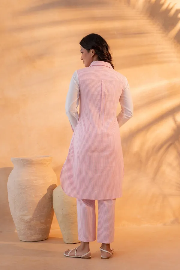 Pink_stripes_And_White_pure_Cotton_Kurta_knee_length_Set_with_embroidery_For_Women
