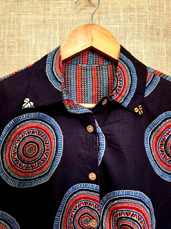 Black_Jaipuri_pure_Cotton_hand_block_print_Shirt_For_Women_with_metal_on_collar_tip