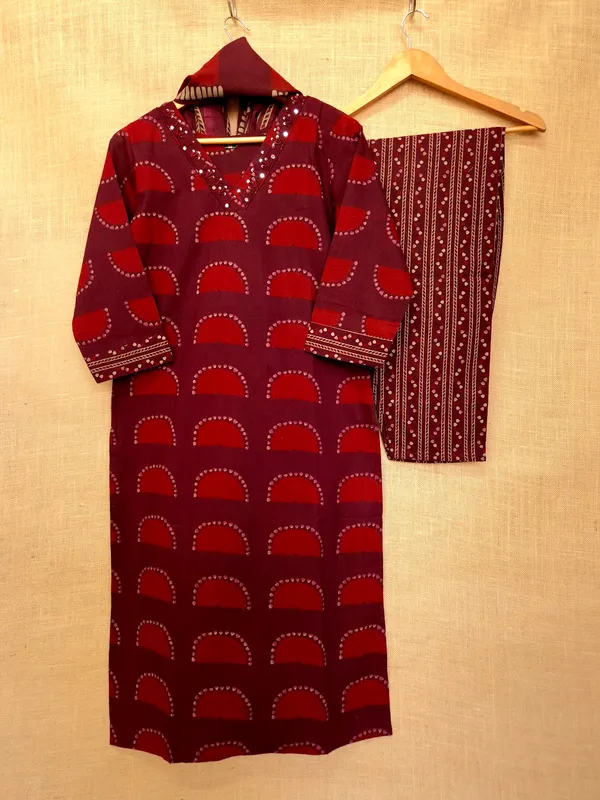 Dark_Wine_pure_Jaipuri_Cotton_hand_block_Kurta_Set_With_Dupatta_For_Women