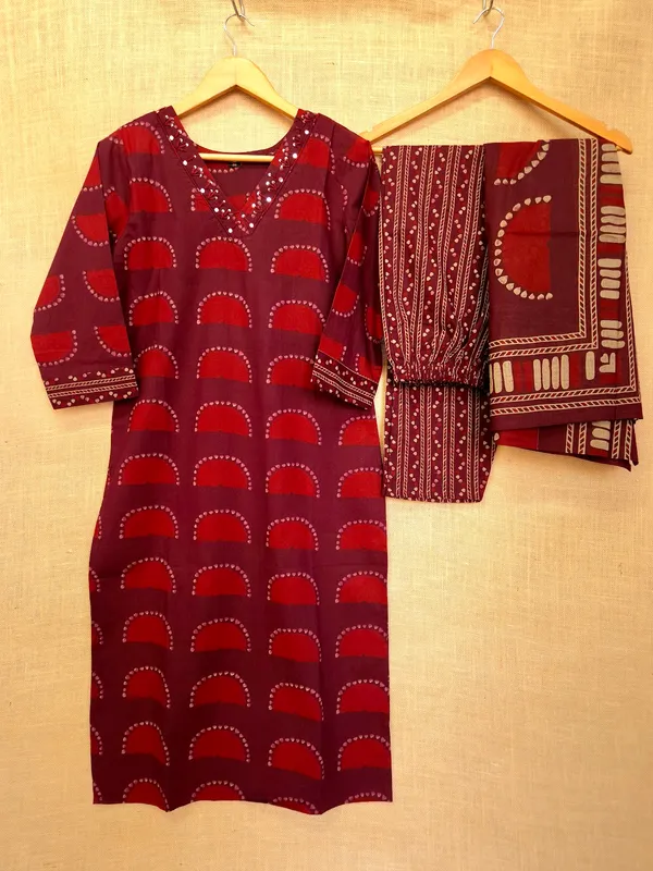 Dark_Wine_pure_Jaipuri_Cotton_hand_block_Kurta_Set_With_Dupatta_For_Women