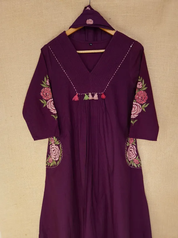 Wine_colour_embroidery_with_pockets_pure_Cotton_Kurta_Set_With_Dupatta_For_Women