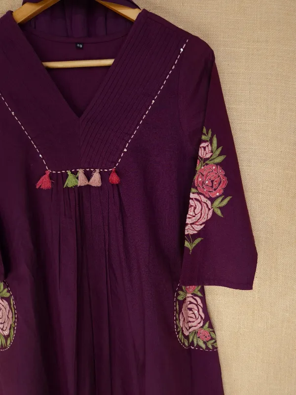 Wine_colour_embroidery_with_pockets_pure_Cotton_Kurta_Set_With_Dupatta_For_Women