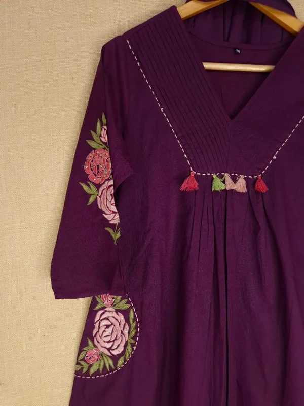 Wine_colour_embroidery_with_pockets_pure_Cotton_Kurta_Set_With_Dupatta_For_Women