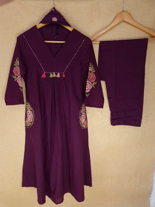 Wine_colour_embroidery_with_pockets_pure_Cotton_Kurta_Set_With_Dupatta_For_Women