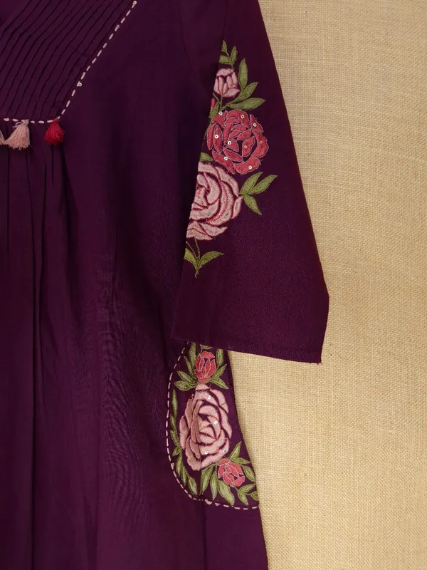 Wine_colour_embroidery_with_pockets_pure_Cotton_Kurta_Set_With_Dupatta_For_Women