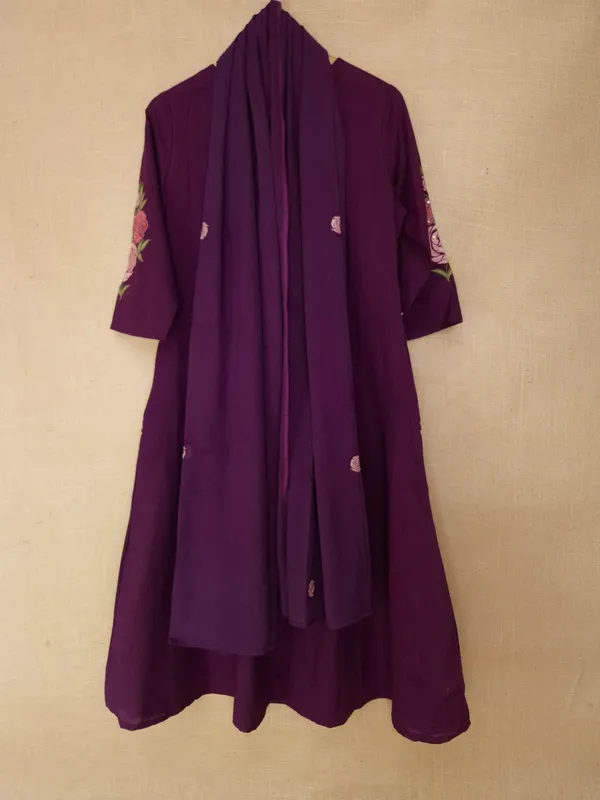 Wine_colour_embroidery_with_pockets_pure_Cotton_Kurta_Set_With_Dupatta_For_Women