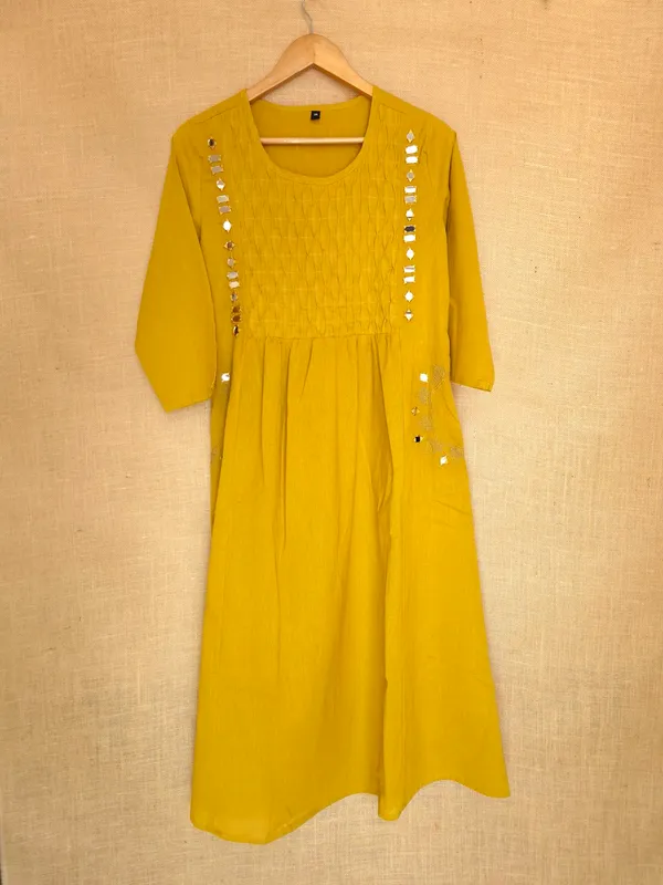 Yellow_Mustard_pure_Cotton_Kurta_Set_For_Women_with_real_mirror_work