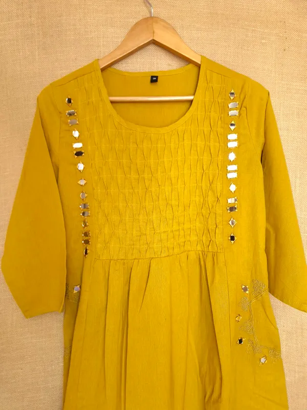 Yellow_Mustard_pure_Cotton_Kurta_Set_For_Women_with_real_mirror_work