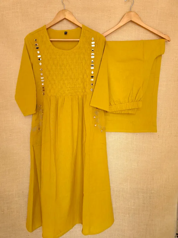Yellow_Mustard_pure_Cotton_Kurta_Set_For_Women_with_real_mirror_work