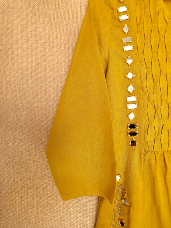Yellow_Mustard_pure_Cotton_Kurta_Set_For_Women_with_real_mirror_work