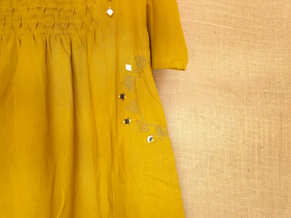 Yellow_Mustard_pure_Cotton_Kurta_Set_For_Women_with_real_mirror_work