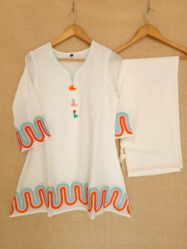White_pure_Cotton_mul_embroidery_of_pastel_colours_Co-Ord_Set_For_Women_