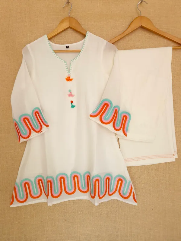 White_pure_Cotton_mul_embroidery_of_pastel_colours_Co-Ord_Set_For_Women_