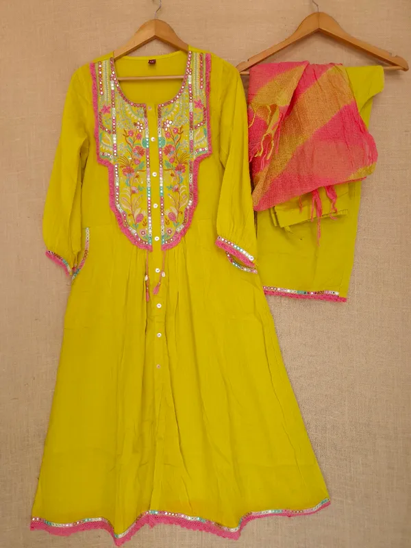 Lime_Yellow_Mul_Cotton_Kurta_Set_With_Dupatta_For_Women