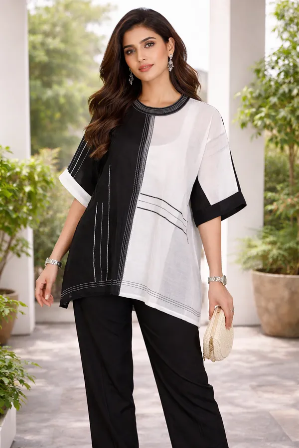 Black_And_White_Mul_Chanderi_Co-Ord_Set_(3_Piece)_For_Women