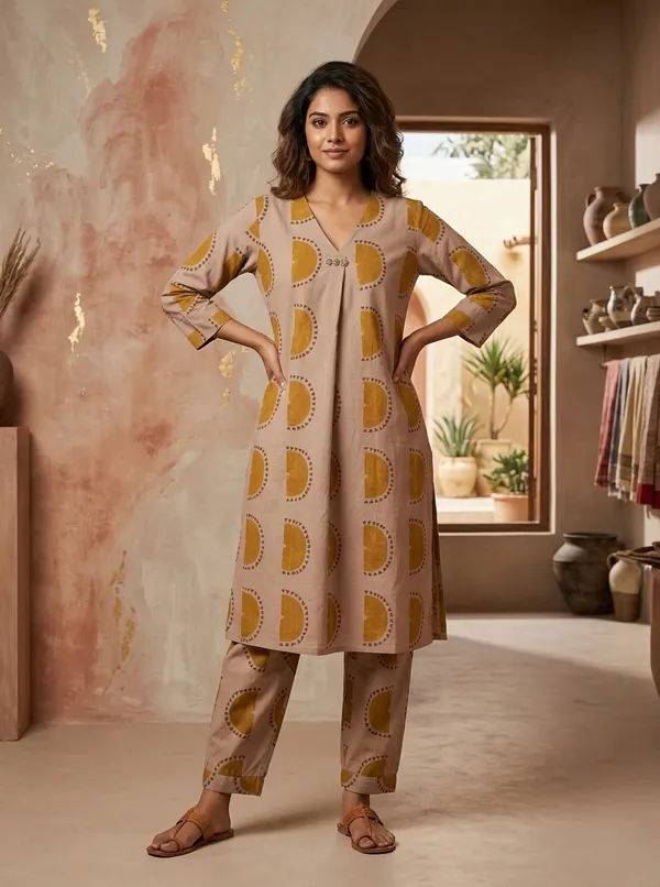 Khakhi_Or_Light_Brown_pure_Cotton_Kurta_Set_For_Women