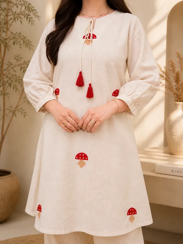 Cream_White_Flax_Cotton_Embroidered_mushroom_Kurta_Set_For_Women