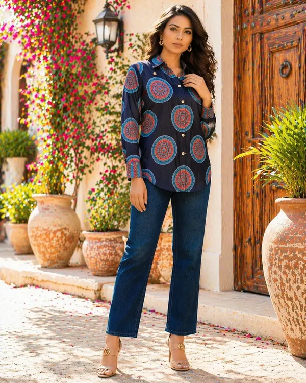 Black_Jaipuri_pure_Cotton_hand_block_print_Shirt_For_Women_with_metal_on_collar_tip