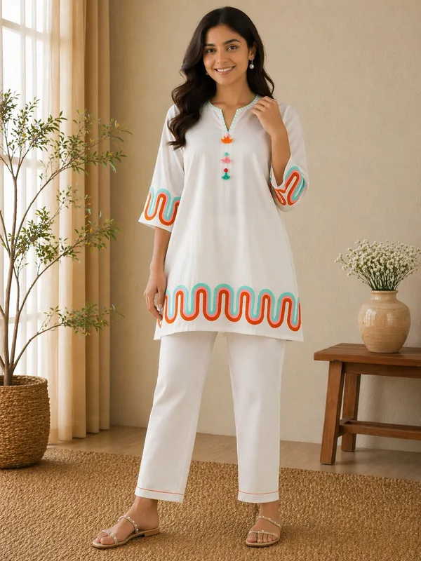 White_pure_Cotton_mul_embroidery_of_pastel_colours_Co-Ord_Set_For_Women_