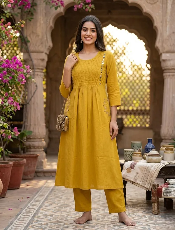 Yellow_Mustard_pure_Cotton_Kurta_Set_For_Women_with_real_mirror_work