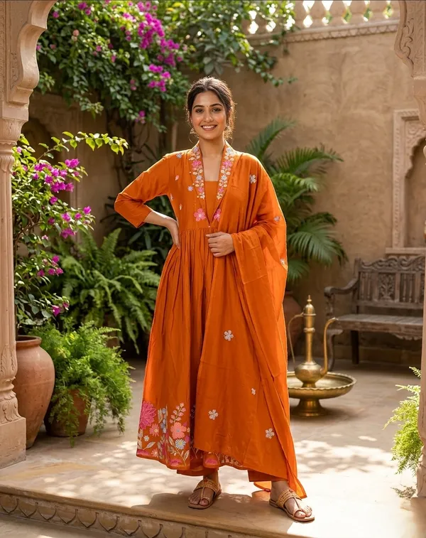 Rust_Orange_pure_Cotton_Anarkali_Kurta_Set_With_Dupatta_For_Women
