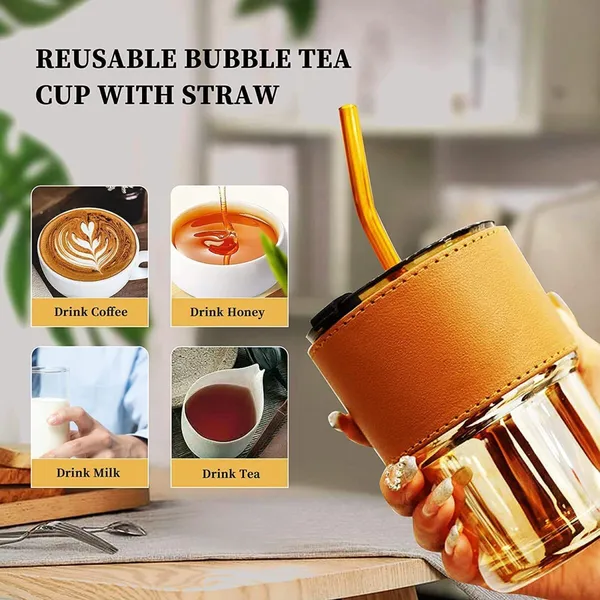 Slub_Glass_Mug_With_Straw_&_Leather_Cover_(400Ml)
