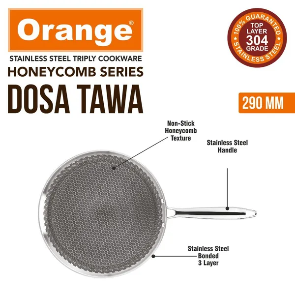 Triply_Stainless_Steel_Non-Stick_Honeycomb_Dosa/Uttapa_Tawa_27_cm_|_Induction_Frinedly_|_Cool_Touch_Riveted_Handle_|_2.5mm_Thickness_|_Metal_Spoon_Friendly_|_5Year_Warranty