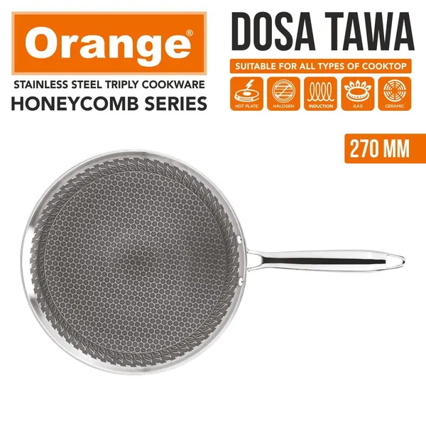 Triply_Stainless_Steel_Non-Stick_Honeycomb_Dosa/Uttapa_Tawa_27_cm_|_Induction_Frinedly_|_Cool_Touch_Riveted_Handle_|_2.5mm_Thickness_|_Metal_Spoon_Friendly_|_5Year_Warranty