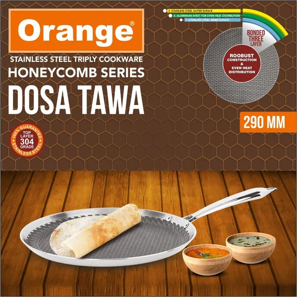 Triply_Stainless_Steel_Non-Stick_Honeycomb_Dosa/Uttapa_Tawa_27_cm_|_Induction_Frinedly_|_Cool_Touch_Riveted_Handle_|_2.5mm_Thickness_|_Metal_Spoon_Friendly_|_5Year_Warranty