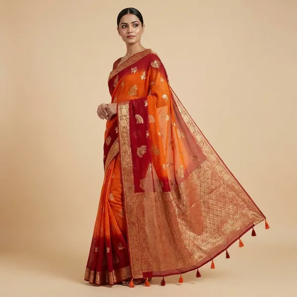 Red_And_Orange_Silk_Saree_With_Zari_Work_For_Women