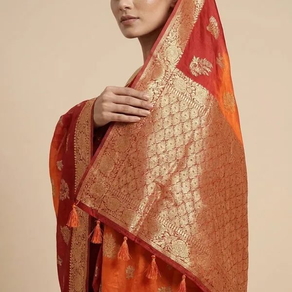 Red_And_Orange_Silk_Saree_With_Zari_Work_For_Women