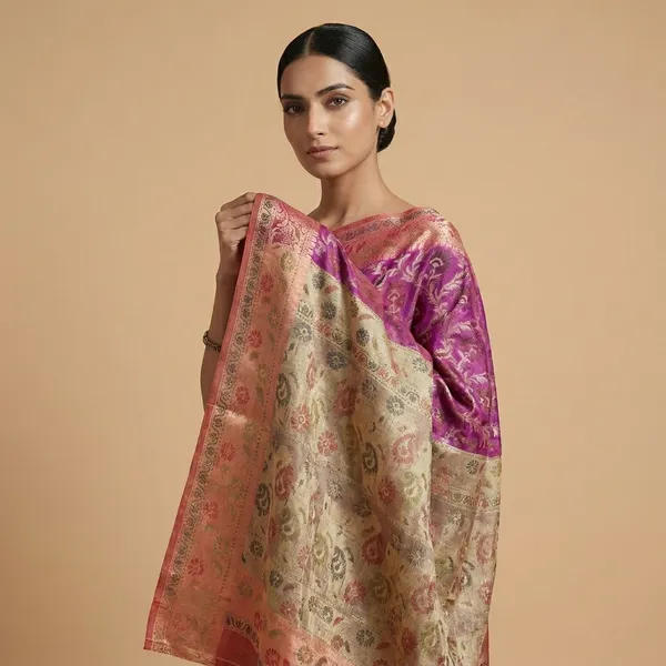 Magenta_And_Golden_Banarasi_Silk_Saree_With_Brocade_Design_For_Women