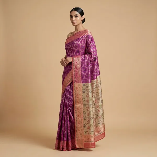 Magenta_And_Golden_Banarasi_Silk_Saree_With_Brocade_Design_For_Women