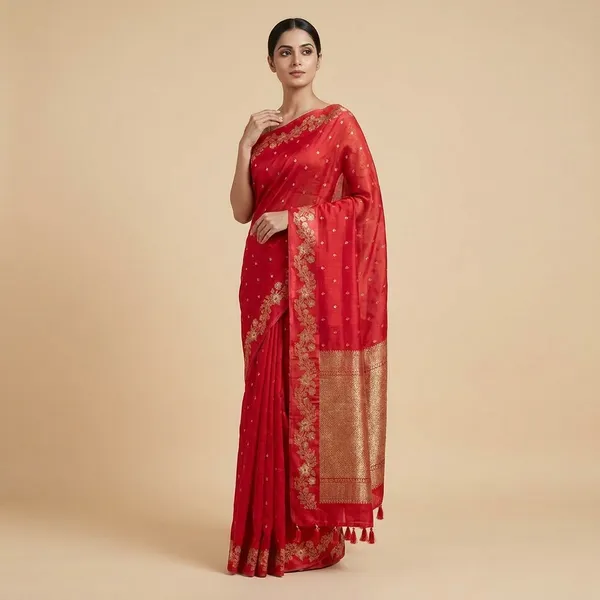 Red_Banarasi_Silk_Saree_With_Zari_Work_For_Women