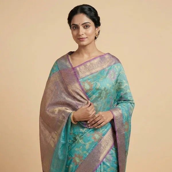 Green_Silk_Saree_With_Floral_Weave_And_Contrast_Border_For_Women