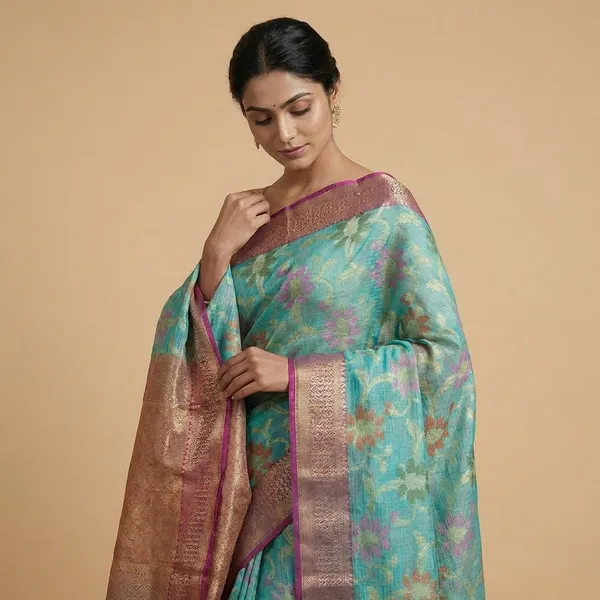 Green_Silk_Saree_With_Floral_Weave_And_Contrast_Border_For_Women