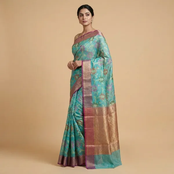 Green_Silk_Saree_With_Floral_Weave_And_Contrast_Border_For_Women