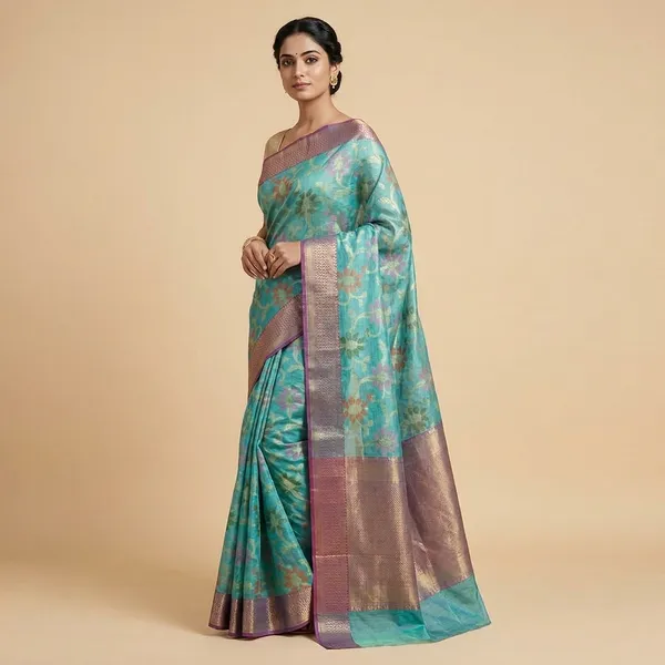 Green_Silk_Saree_With_Floral_Weave_And_Contrast_Border_For_Women