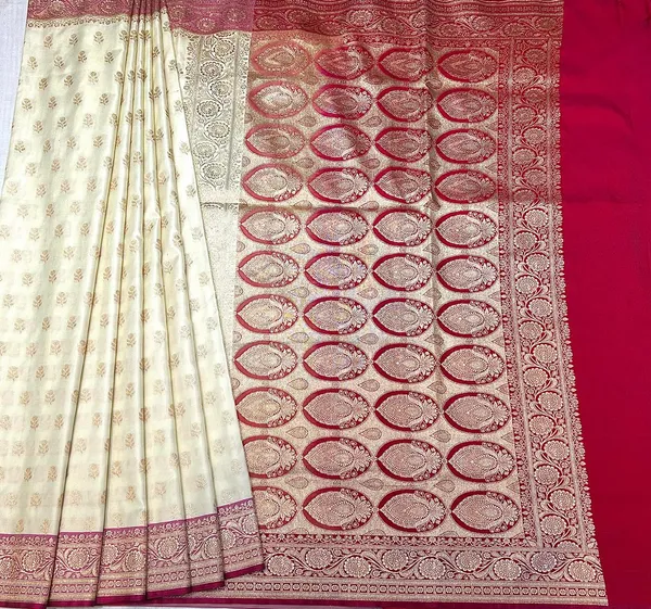 Cream_And_Red_Banarasi_Silk_Saree_With_Zari_Work_For_Women