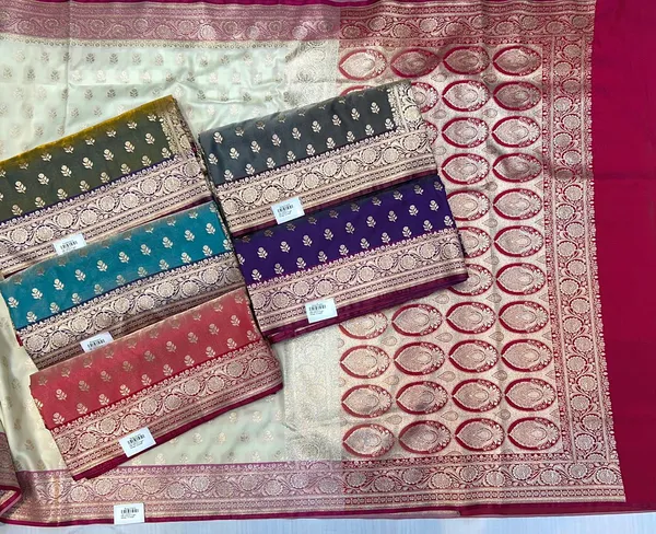 Cream_And_Red_Banarasi_Silk_Saree_With_Zari_Work_For_Women